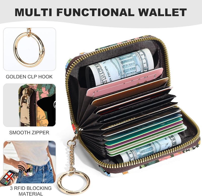 Luoycxy Credit Card Holder for Women,Small Rfid Wallet with Keychain Zipper,Cute PU Leather Card Case Wallet，Accordion Credit Card Wallets Gift,Colorful Flowers and Cats - Image 2
